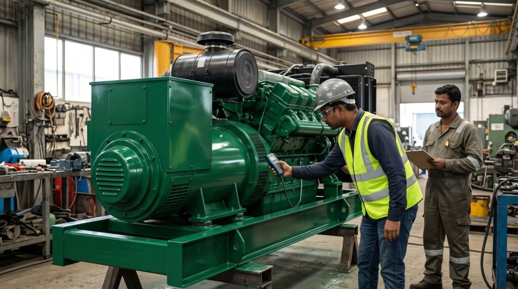 Inspector measuring coating thickness on a freshly painted generator set