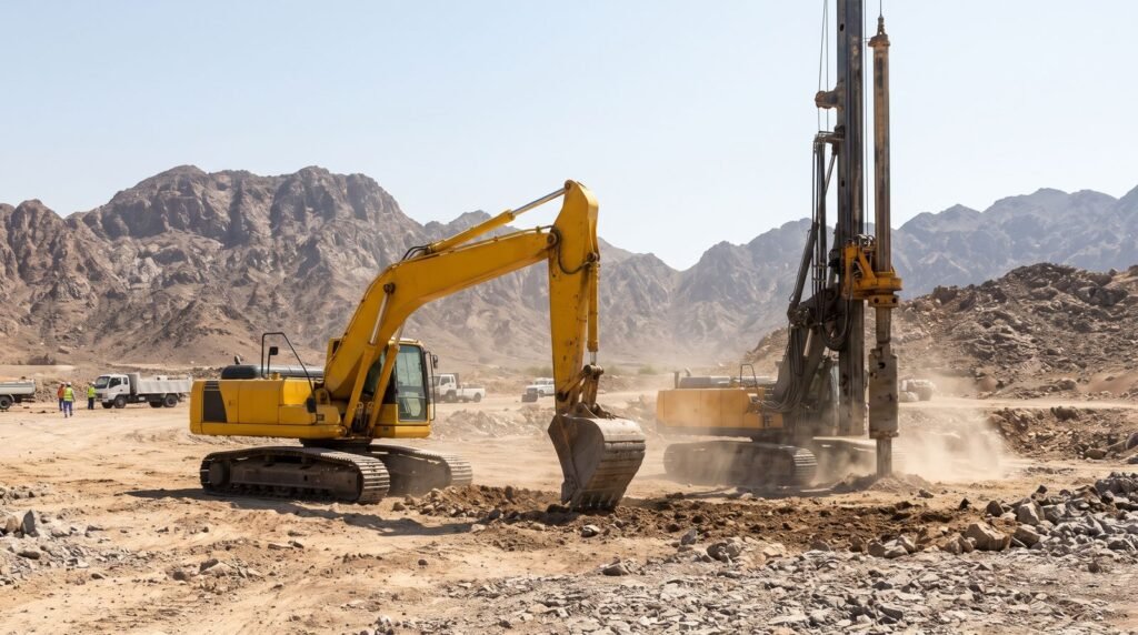 Excavator and piling rig working on a construction site in Oman