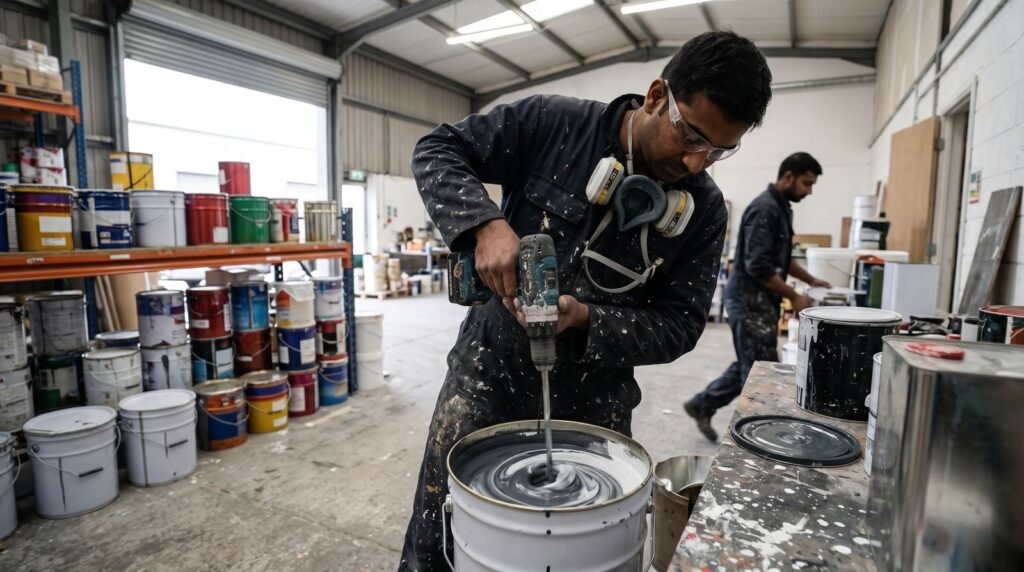 Painter mixing two-component industrial paint in a coating workshop
