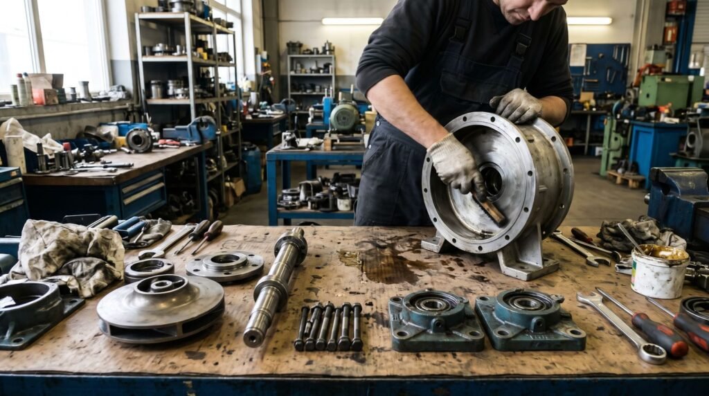 Industrial pump disassembled for overhaul on a workshop bench