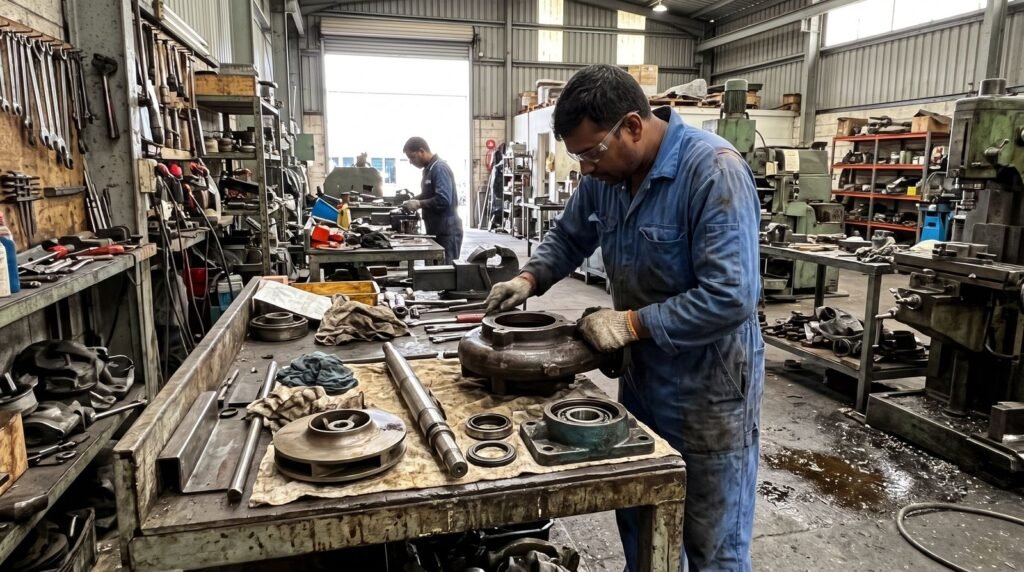 Technician overhauling an industrial pump casing in a workshop